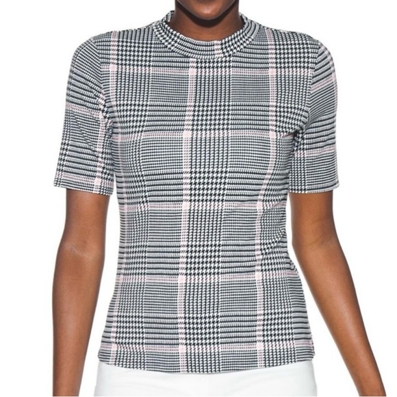 WHBM Houndstooth Black White Pink Plaid Mock Neck Short Sleeve Top EUC Size XXS - Picture 8 of 8
